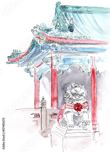Sik Sik Yuen Wong Tai Sin Temple in hong kong, watercolor travel sketch