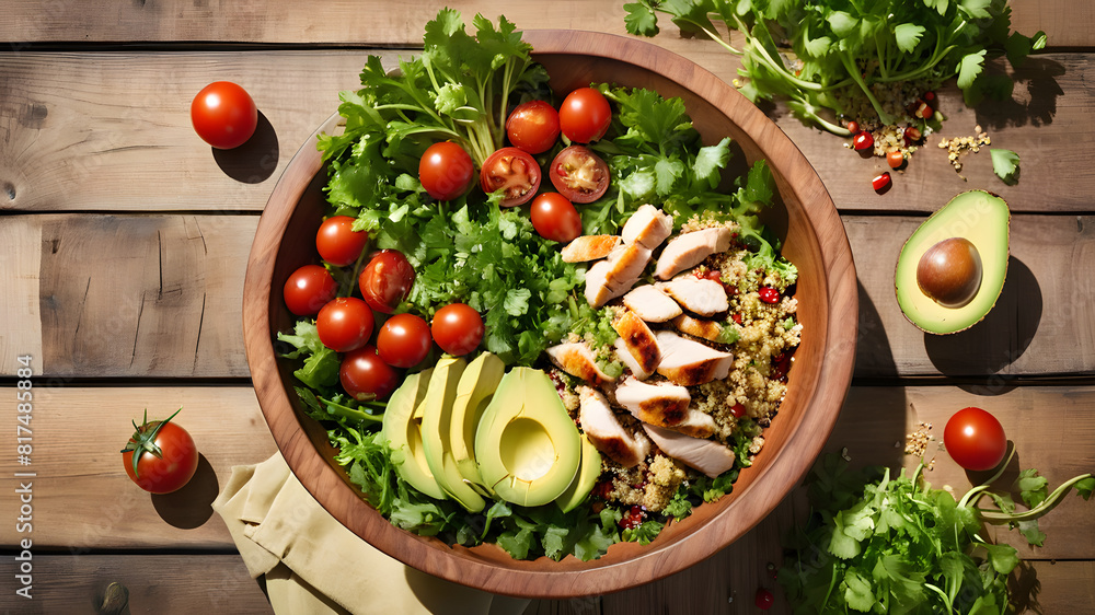 Healthy salad bowl with quinoa, tomatoes, chicken, avocado, lime and mixed greens (lettuce, parsley) on wooden background top view. Food and health Healthy salad bowl with quinoa, tomatoes, chicken, avocado, lime and mixed greens (lettuce, parsley) on wooden background top view. Food and health