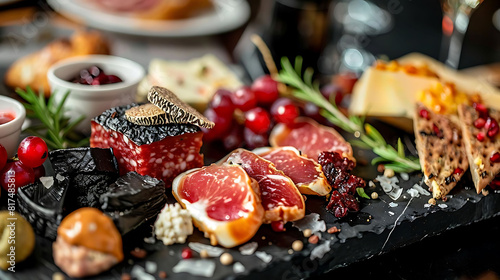 deluxe charcuterie board with foie gras and truffles on a black table  accompanied by a white cup