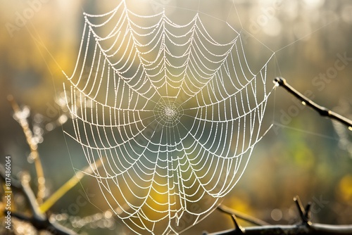 A close-up of a spider web glistening with dew in the early morning light, set against a softly blurred natural backdrop. 32k, full ultra HD, high resolution