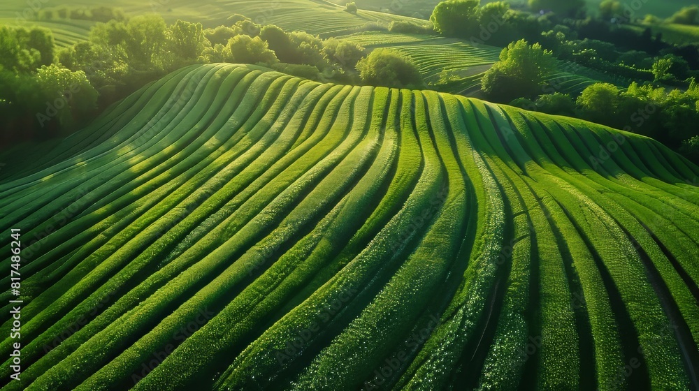 Fototapeta premium Aerial view of expansive wheat fields with uniform rows creating a beautiful pattern in the landscape Generative AI