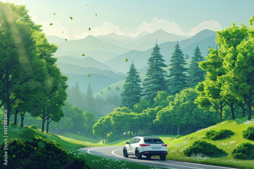 A car is driving down a road in a forested area A car is driving down a road in a forested area