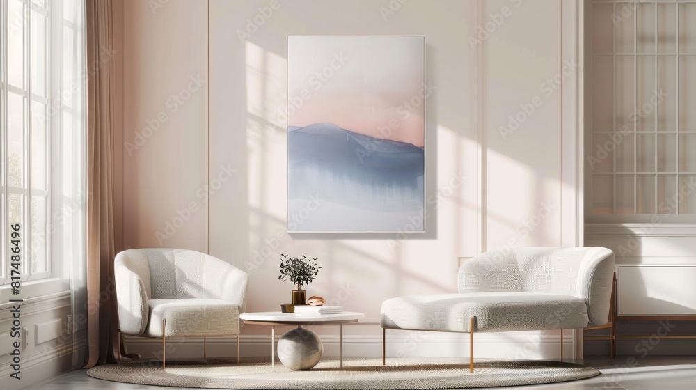 Modern Soft Pink Blush Blue Landscape: Craft a modern and contemporary, portrait-oriented landscape in a soft pink mix blush blue, showcasing the beauty of simplicity and sophistication -