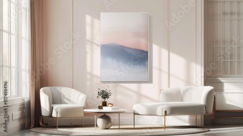 Modern Soft Pink Blush Blue Landscape: Craft a modern and contemporary, portrait-oriented landscape in a soft pink mix blush blue, showcasing the beauty of simplicity and sophistication -