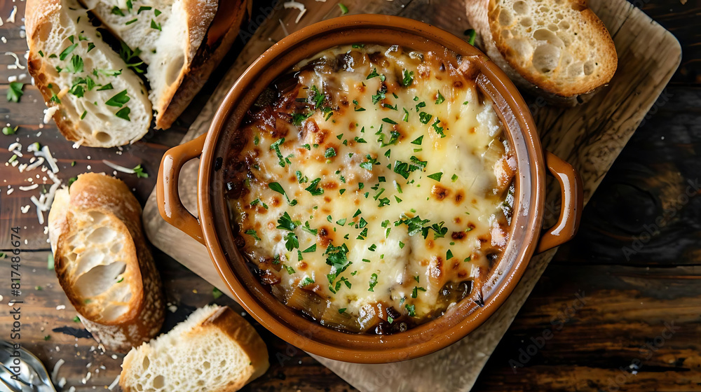 exquisite french onion soup with gruyere cheese served on a wooden table, accompanied by toasted bread and a silver spoon exquisite french onion soup with gruyere cheese served on a wooden table, accompanied by toasted bread and a silver spoon