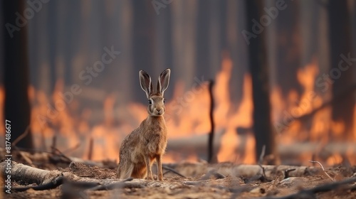 In the midst of destruction, a hare sprints, evading the encroaching flames