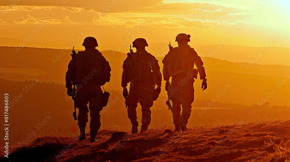 Silhouettes of several infantrymen patrolling the area. Striding with purpose, their silhouettes stand out against the horizon, embodying strength, resolve, and a commitment to duty.