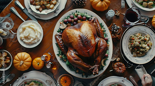 festive holiday dinner table with roast turkey served on white plates, accompanied by silver forks and knives, and a variety of orange pumpkins on a wooden table