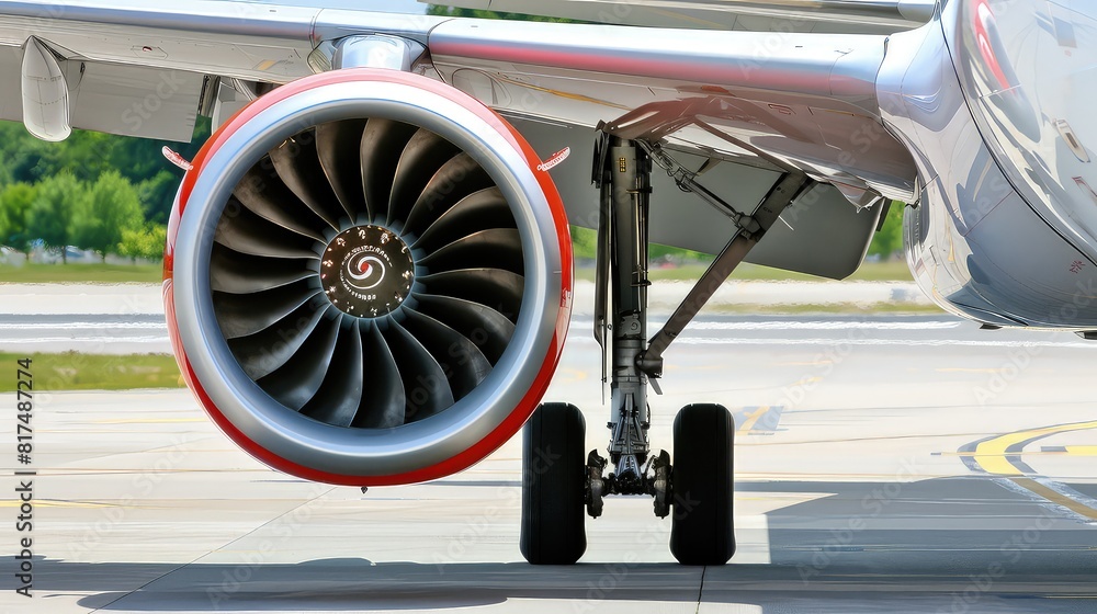 A turbine on the wing of a modern passenger aircraft. Engine roaring, ready for takeoff, a technological masterpiece in motion.