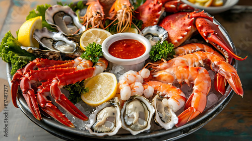 fresh seafood platter with lobster and shrimp, garnished with lemon and served in a white bowl