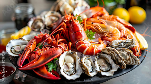 fresh seafood platter with lobster and shrimp served on a black plate, accompanied by a yellow lemon and a white bowl