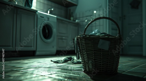 Laundry basket with towels and clothes on the background of a washing machine in the bathroom. A basket filled with clean towels and clothes, a household essential