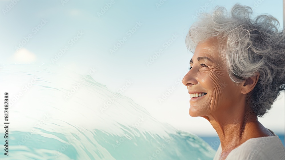 Elderly woman enjoying. A joyful elderly woman looks into the distance at sea. Elderly woman enjoying. A joyful elderly woman looks into the distance at sea.