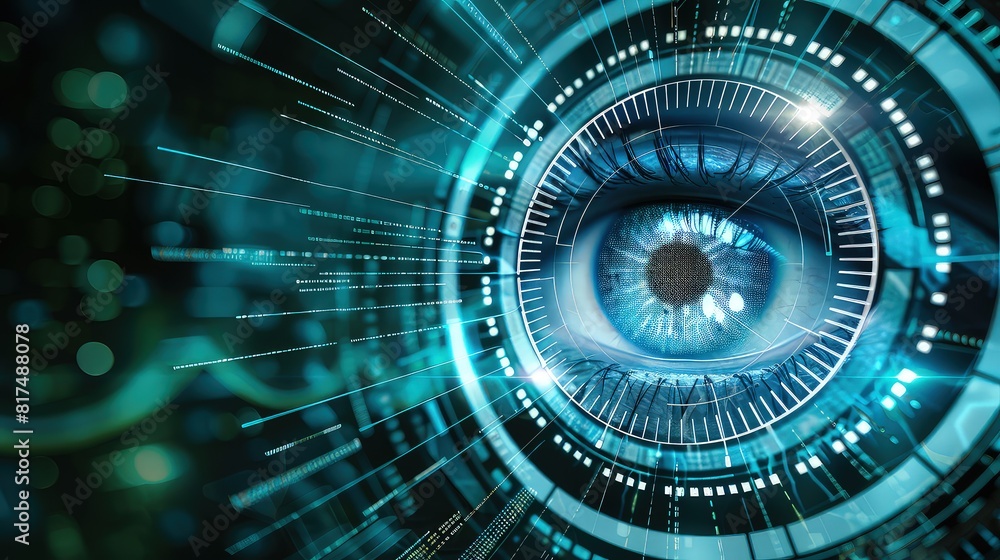 Modern technology - eye ID concept. A closer look at the eye's intricate details, marked by lasers for personalized identification. Modern technology - eye ID concept. A closer look at the eye's intricate details, marked by lasers for personalized identification.