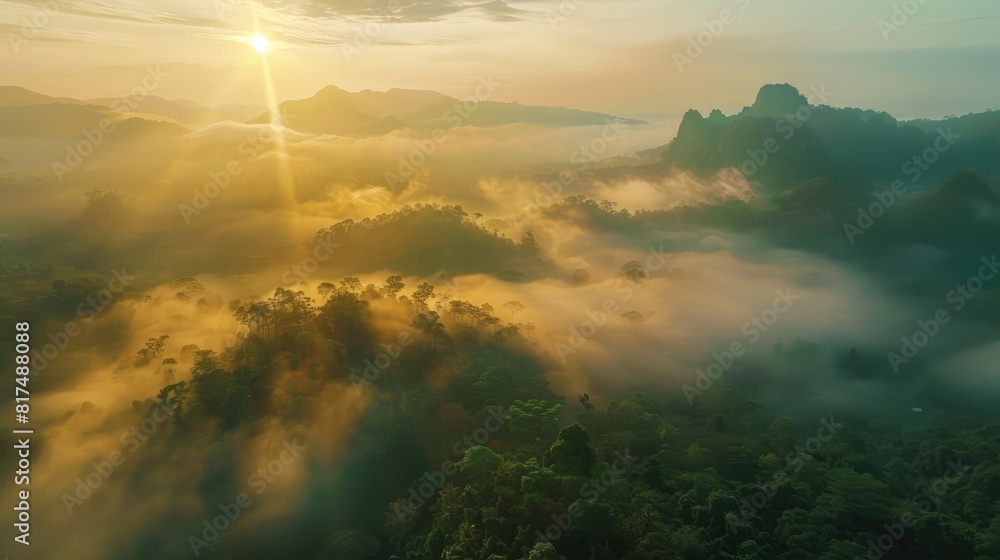 Aerial view Beautiful on rock of morning scenery Golden light sunrise And the mist flows on high mountains, Wonder fog AI generated