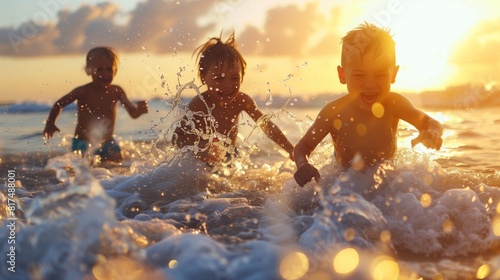 Children playing in the sea at sunset, happy and joyful, splashing water, clear blue ocean background. three young boys running along the beach, laughing and play together in the waves. generative AI