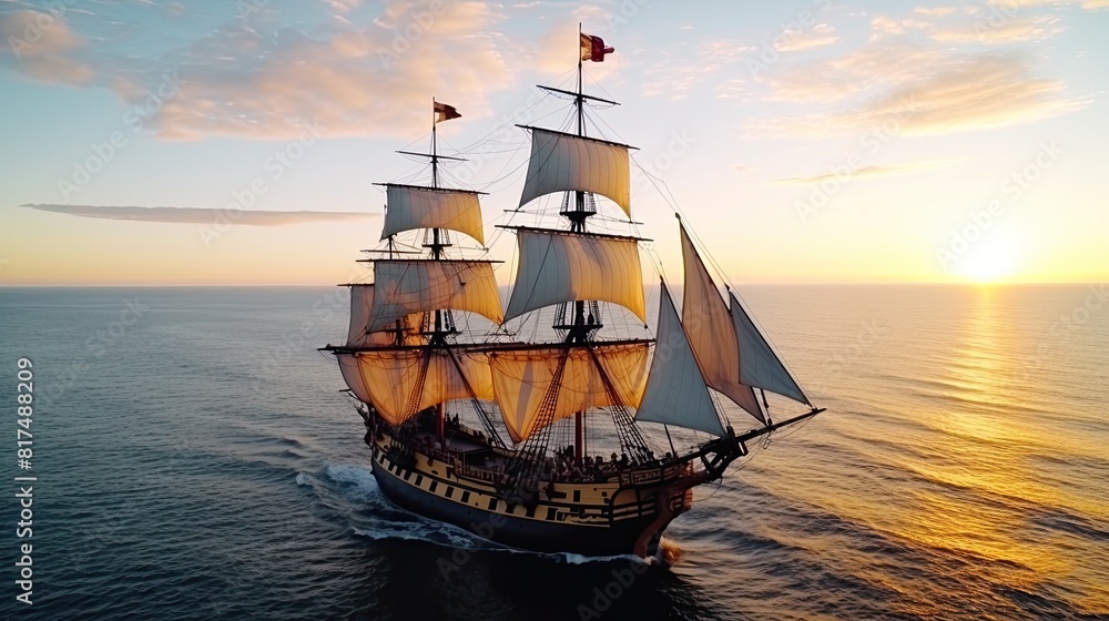 Small sailing ship in the open sea at sunset. The Crimson Tide, a striking 17th-century ship with vibrant red sails, symbolizing adventure, passion, and the thrill of the high seas.