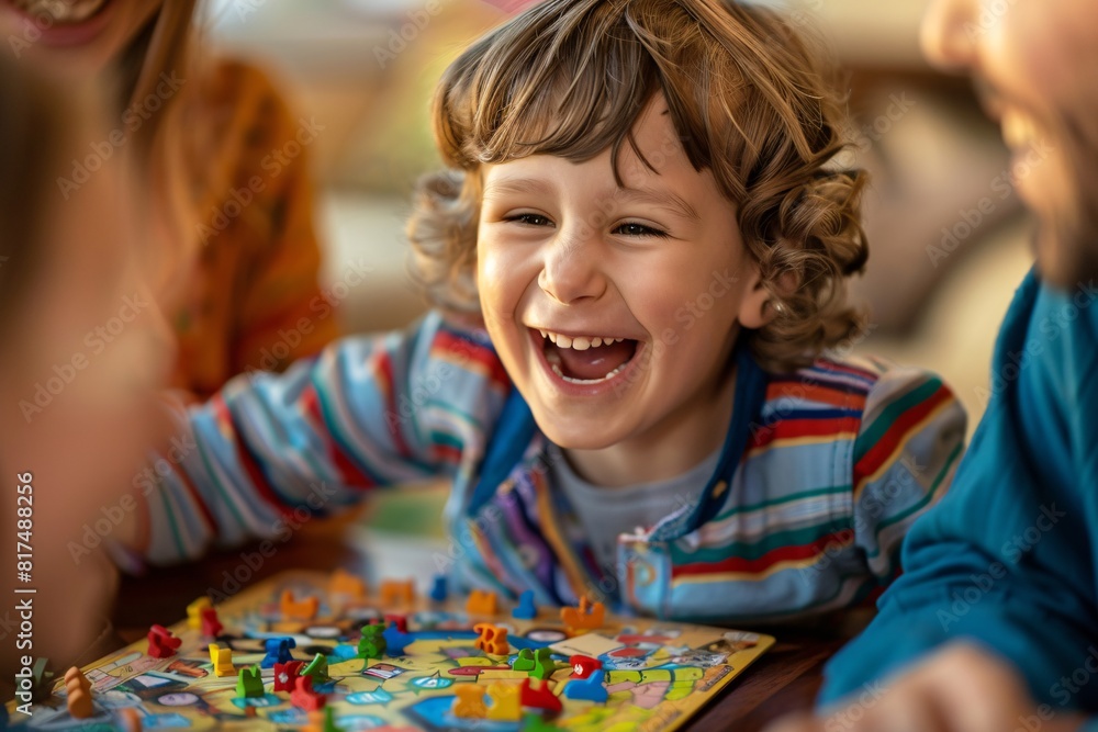 Fototapeta premium A diverse group of individuals gathered around a table, engaged in playing a board game together. Concentration and laughter fill the room