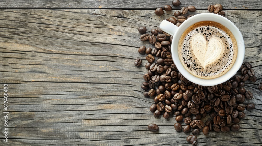 Cup of coffee latte with heart shape and coffee beans on old wooden background AI generated Cup of coffee latte with heart shape and coffee beans on old wooden background AI generated