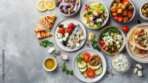 Greek food background gyros , fish, pita, greek salad, assortment of feta, olives and meatballs. Traditional different greek dishes set. on a grey background AI generated