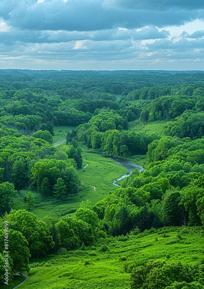 Aerial view of lush, green forest landscape with meandering river under a partly cloudy sky showcasing pristine natural beauty Aerial view of lush, green forest landscape with meandering river under a partly cloudy sky showcasing pristine natural beauty