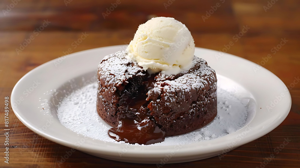 indulgent chocolate lava cake with vanilla ice cream served on a white plate, placed on a brown wooden table indulgent chocolate lava cake with vanilla ice cream served on a white plate, placed on a brown wooden table