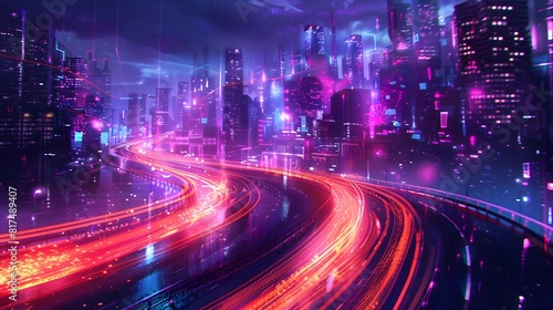 A futuristic highway glows with neon light trails in a vibrant cyberpunk cityscape  illuminated by colorful skyscrapers and digital rain.