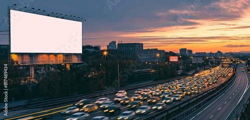 A colossal blank billboard overlooking a bustling highway at dusk, its surface reflecting the orange hues of the setting sun. 32k, full ultra HD, high resolution