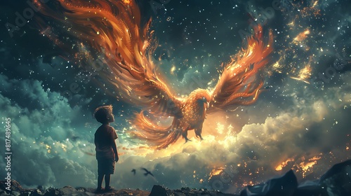 A child gazes in wonder at a mythical phoenix with fiery wings soaring through a star-filled sky, illuminating the clouds in this epic digital artwork.