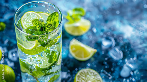 refreshing mojito cocktail with lime and mint garnish, served in a clear glass on a blue table, garnished with a green leaf