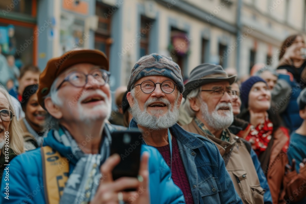 Senior man taking a selfie with his smartphone while standing in front of a crowd of people in Strasbourg Senior man taking a selfie with his smartphone while standing in front of a crowd of people in Strasbourg