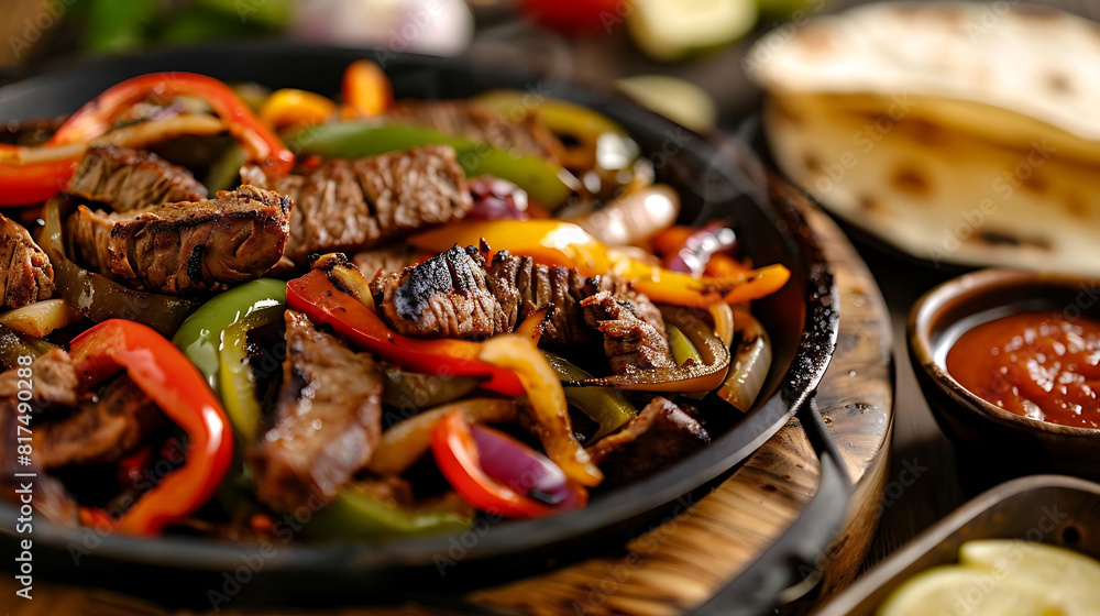 sizzling fajitas with bell peppers and onions are served on a wooden table, accompanied by a variety of colorful peppers and a lemon sizzling fajitas with bell peppers and onions are served on a wooden table, accompanied by a variety of colorful peppers and a lemon