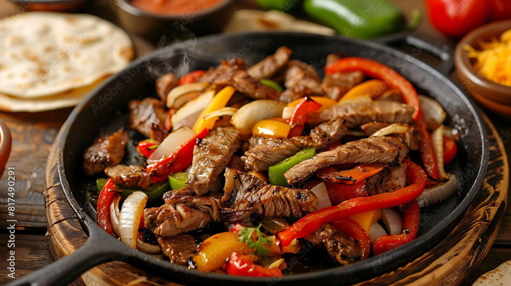 sizzling fajitas with bell peppers and onions are served on a wooden table, accompanied by a brown bowl and a red pepper a black handle is visible in the background sizzling fajitas with bell peppers and onions are served on a wooden table, accompanied by a brown bowl and a red pepper a black handle is visible in the background