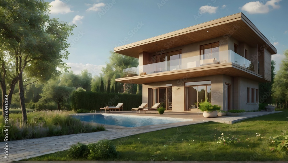 3D visualization of the house. House in nature with a beautiful garden