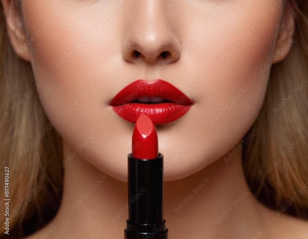 Fototapeta premium A woman is applying red lipstick