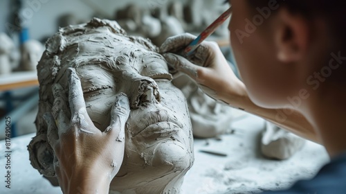 Using water and clay, the artist crafts a sculpture of a man's head, focusing on the jaw for an intricate carving. This art form dates back to ancient history. AIG41