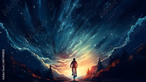 A lone cyclist rides under a breathtaking starry night sky with vibrant colors and celestial streaks, creating a magical atmosphere.