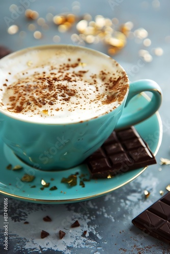 a cup of cappuccino with gold flakes, chocolate on the side, tiffany blue cup, modern light background, morning, culinary blog, social media post