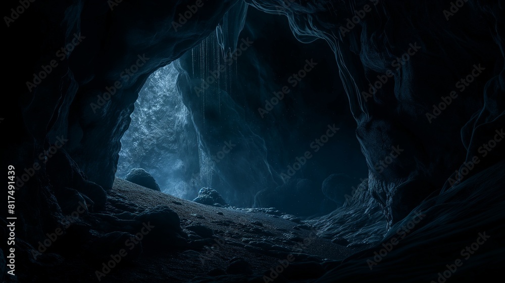 A dark cave opening, with stalactites and stalagmites visible in the faint light that manages to penetrate from the outside, suggesting hidden depths. 32k, full ultra HD, high resolution