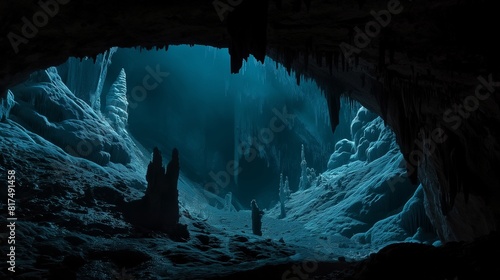 A dark cave opening, with stalactites and stalagmites visible in the faint light that manages to penetrate from the outside, suggesting hidden depths. 32k, full ultra HD, high resolution photo