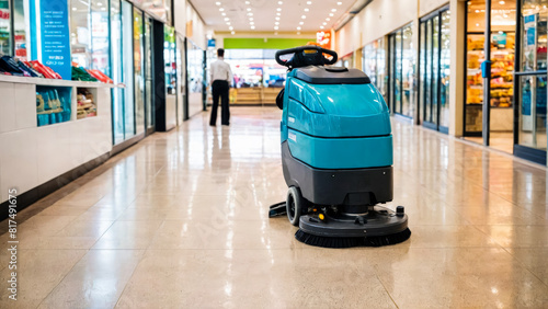 Big industrial scrubber dryer machine on glossy floor of shopping mall with various shops and bright storefronts, deserted. Without worker. Soft diffused lighting. On blurry background. Copy space.