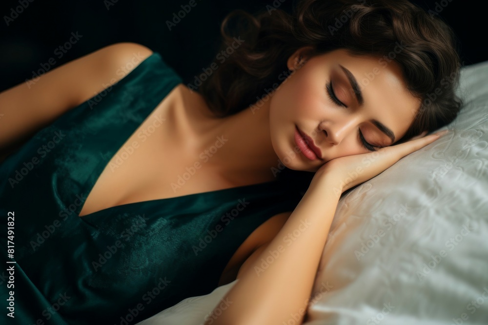 Beautiful woman sleeping in bed on her stomach She is in a dark green nightgown She is facing the camera Her eyes are closed Beautiful woman sleeping in bed on her stomach She is in a dark green nightgown She is facing the camera Her eyes are closed