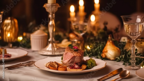 Luxury food service  main course served at a restaurant or formal dinner event in classic English style in the luxurious hotel or country estate  post-processed  generative ai