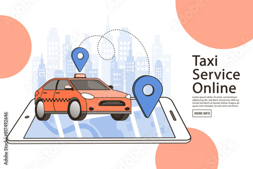 Online Taxi Concept. rent and sharing using service mobile application. smartphone screen with route and points location on a city map on the car and urban landscape background.