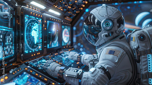 Fototapeta Naklejka Na Ścianę i Meble -  Futuristic space station with holographic displays, astronauts, outer space, high-tech, 3D illustration