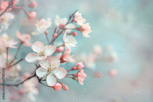 Ethereal cherry blossoms against a clear spring sky  with petals fluttering in the breeze  beautiful nature spring background with a branch of blooming sakura. Generative AI