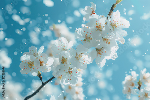 Ethereal cherry blossoms against a clear spring sky, with petals fluttering in the breeze, beautiful nature spring background with a branch of blooming sakura. Generative AI