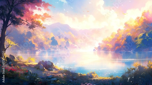 illustration art style anime of spring, autumn, summer, winter, background