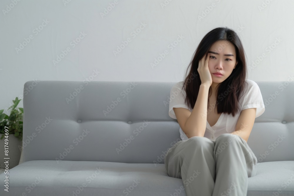 Bored Asian woman while sitting alone on sofa in living room. Emotional of woman with lack of interest mood Bored Asian woman while sitting alone on sofa in living room. Emotional of woman with lack of interest mood
