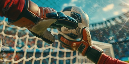 Soccer or football player catching the ball in the gloves of the goal keeper on the stadium background, close up portrait. The photo was taken on a photo